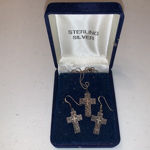925 silver cross necklace and matching pierced earrings.